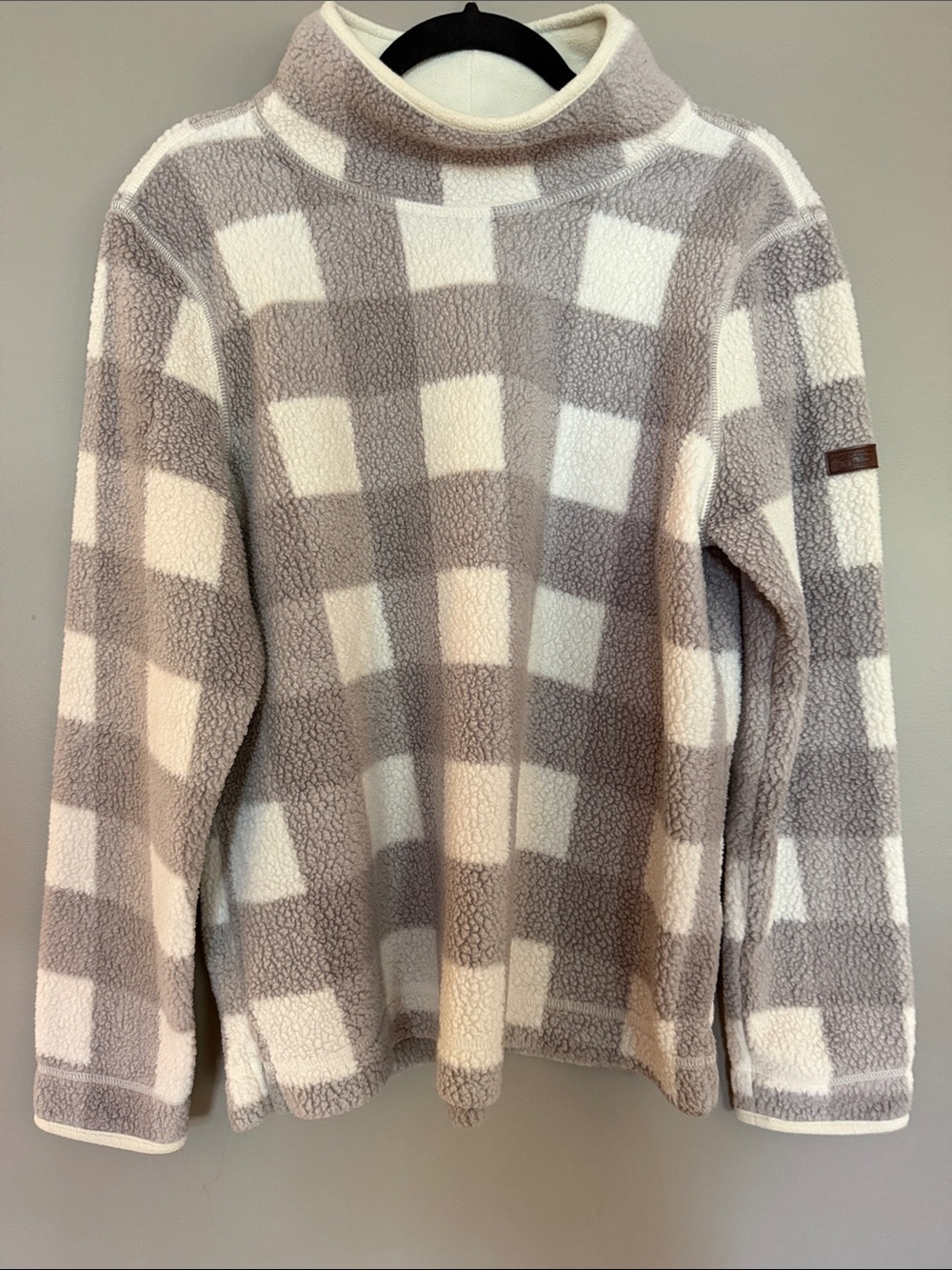 LL Bean Cozy Cottage Fleece Checkered Sherpa Pullover - Cream & Gray/Taupe